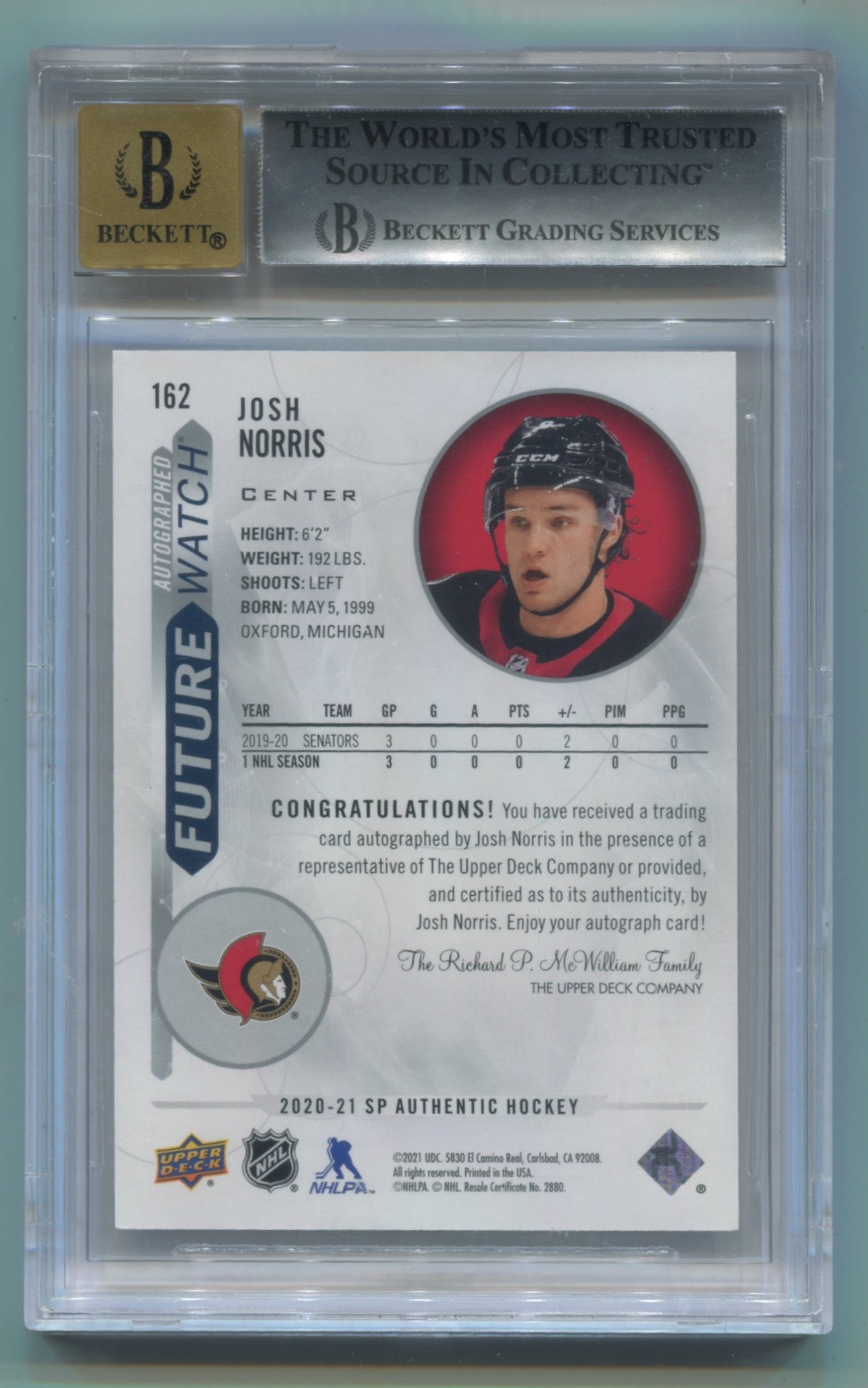 2020-21 SP Authentic #162 Josh Norris #573/999 BGS 9 (Auto 10) (Rookie)