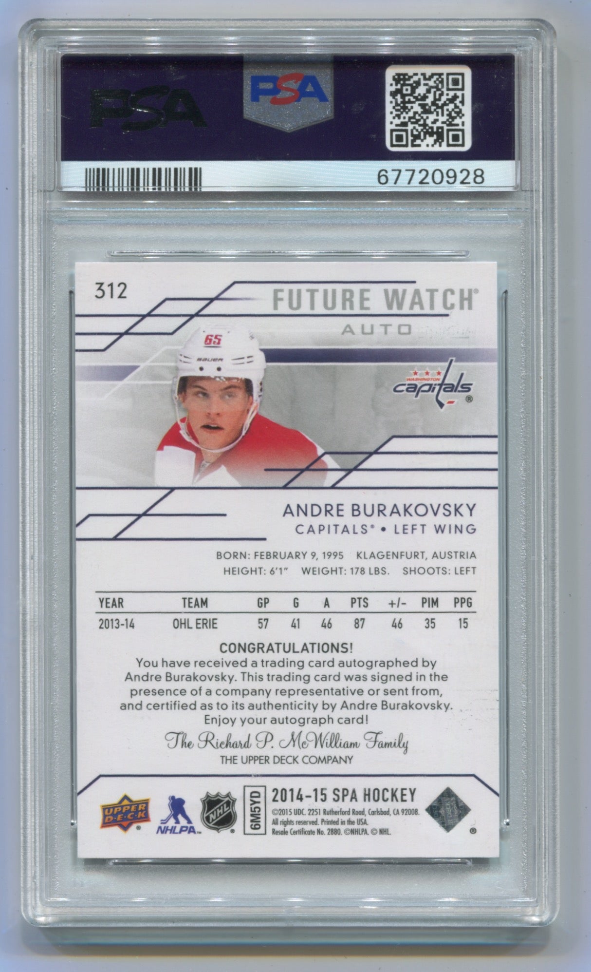 2014-15 SP Authentic #312 Andre Burakovsky #422/999 PSA 8 (Auto 10) (Rookie)