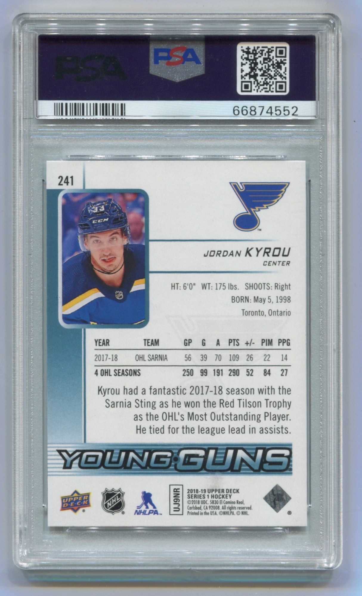 2018-19 Upper Deck #241 Jordan Kyrou PSA 10 (Rookie)