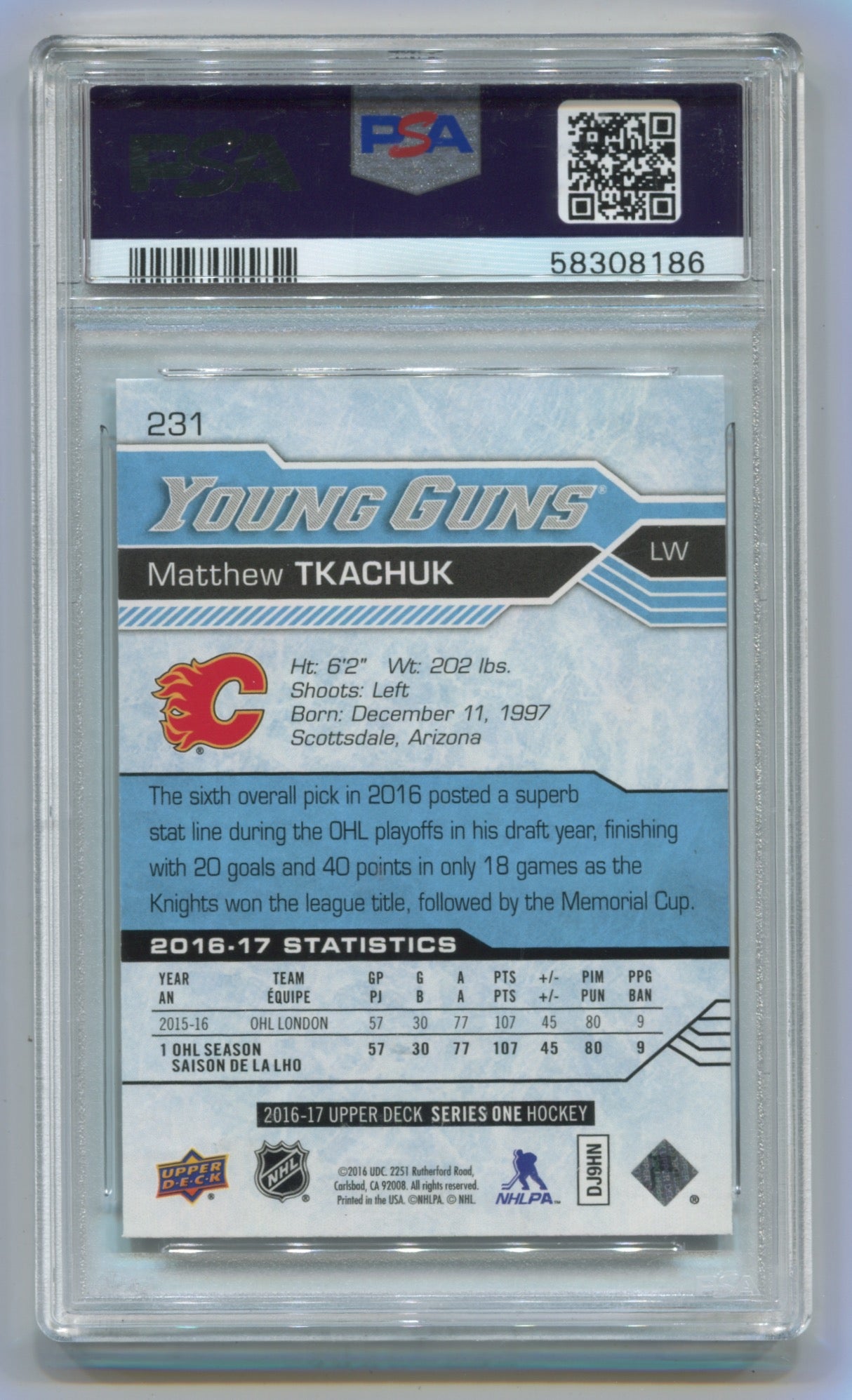 2016-17 Upper Deck #231 Matthew Tkachuk PSA 10 (Rookie)