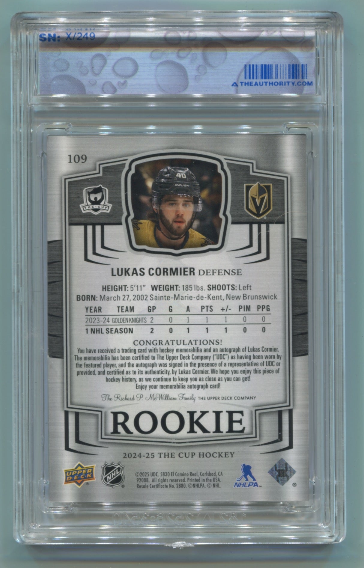 2024-25 Upper Deck The Cup #109 Lukas Cormier #129/249 (Rookie)