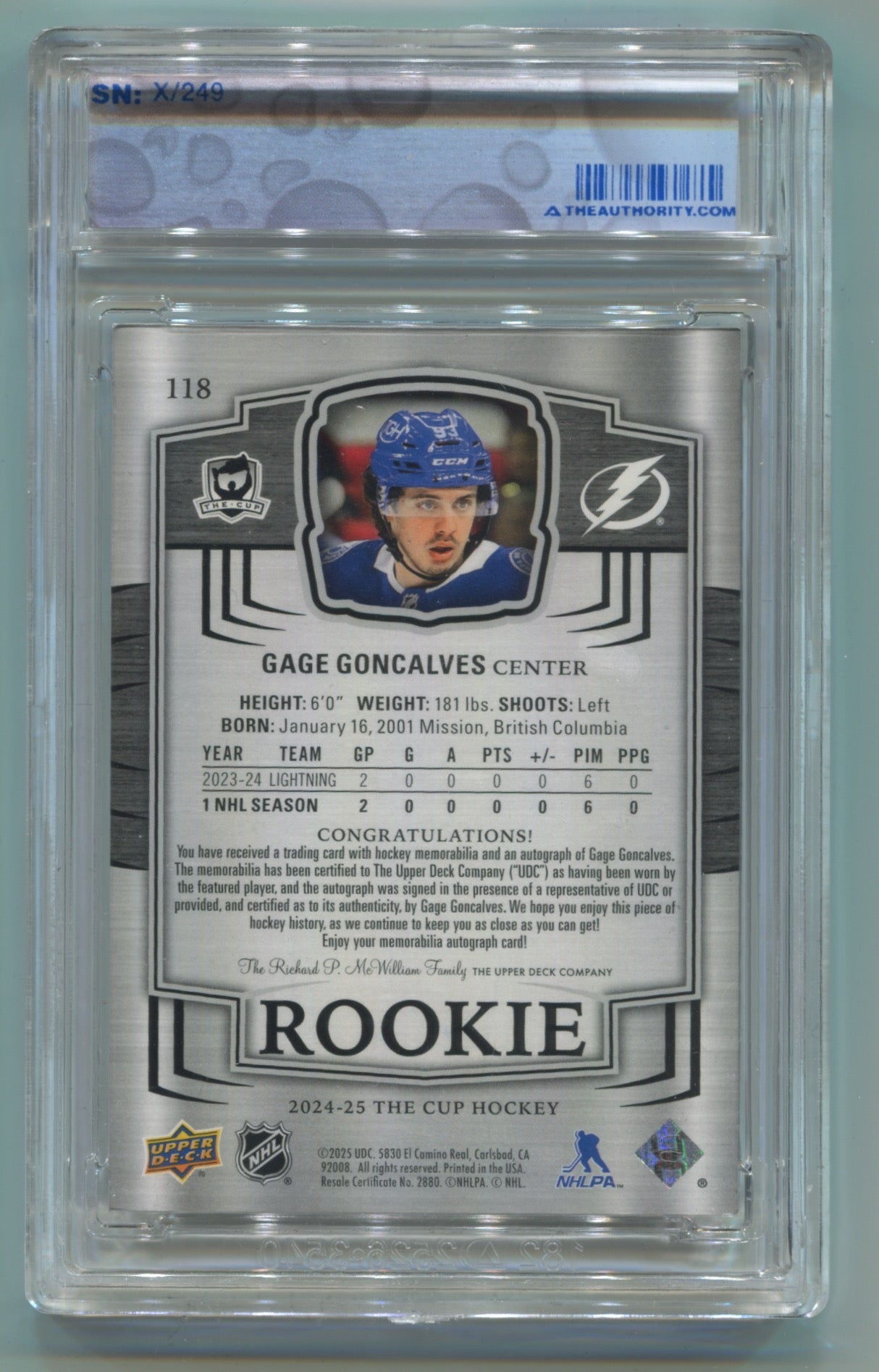 2024-25 Upper Deck The Cup #118 Gage Goncalves #140/249 (Rookie)