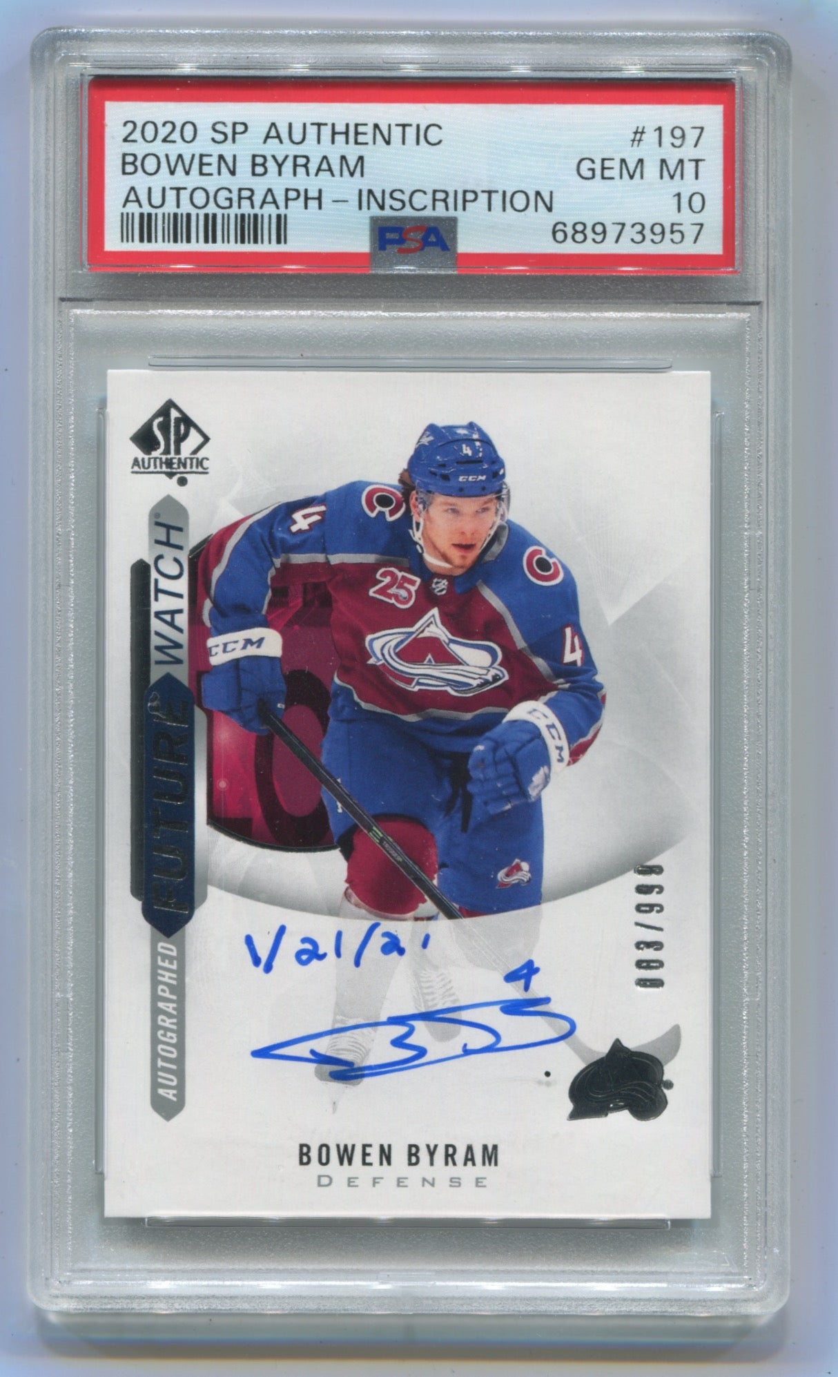 2020-21 SP Authentic Inscribed #197 Bowen Byram #003/999 PSA 10 (Rookie)