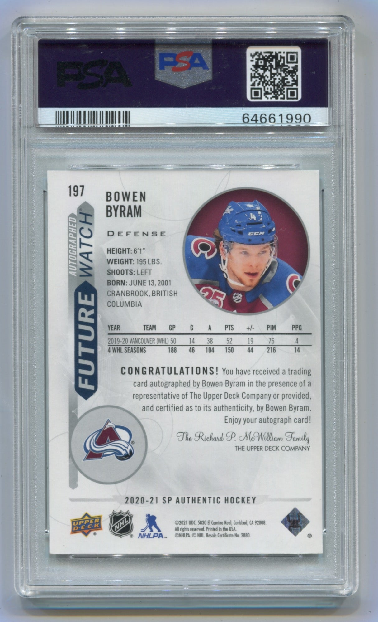 2020-21 SP Authentic #197 Bowen Byram #250/999 PSA 10 (Rookie)