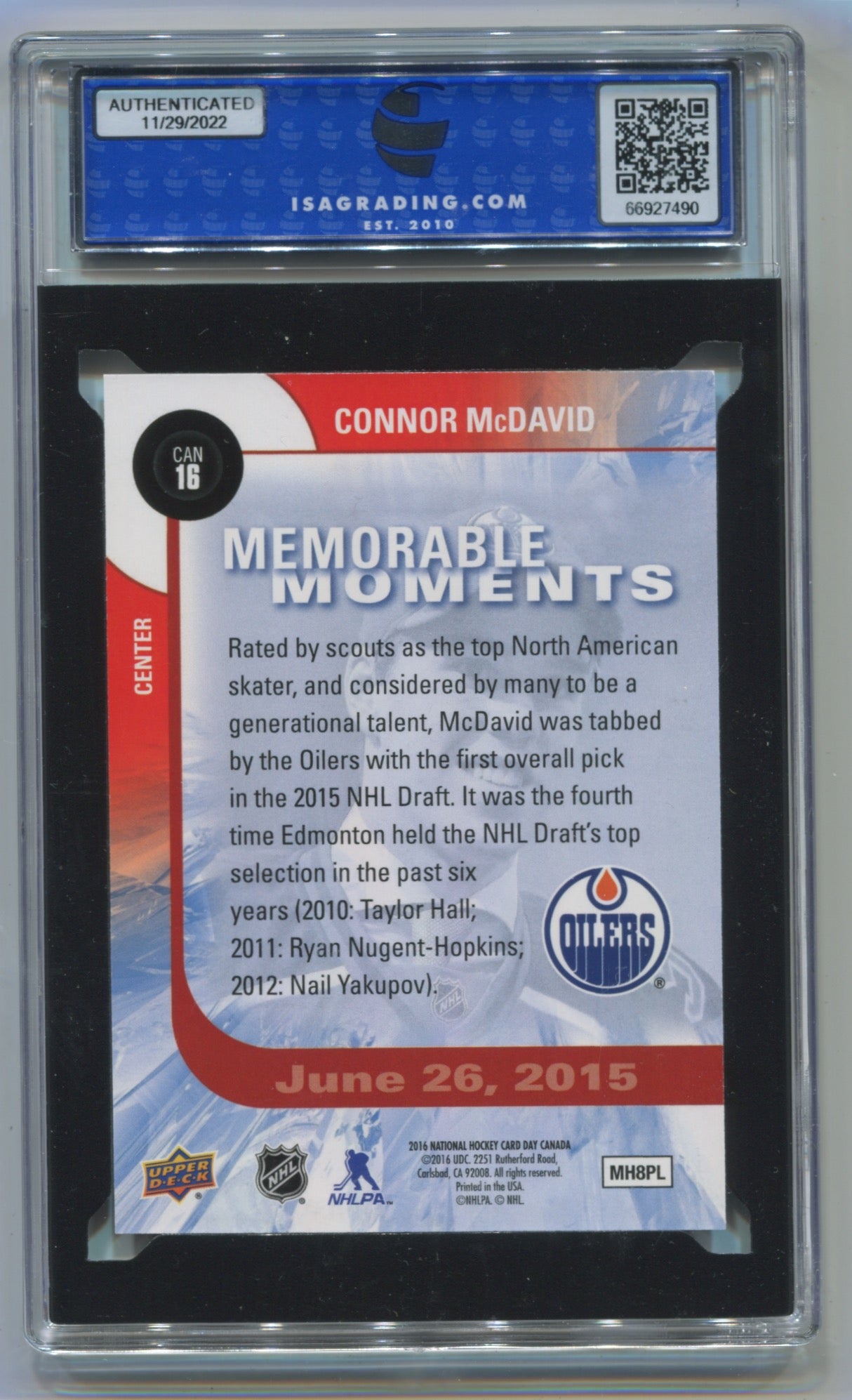 2015-16 Upper Deck National Hockey Card Day Canada #CAN16 Connor McDavid ISA 10 (Rookie)