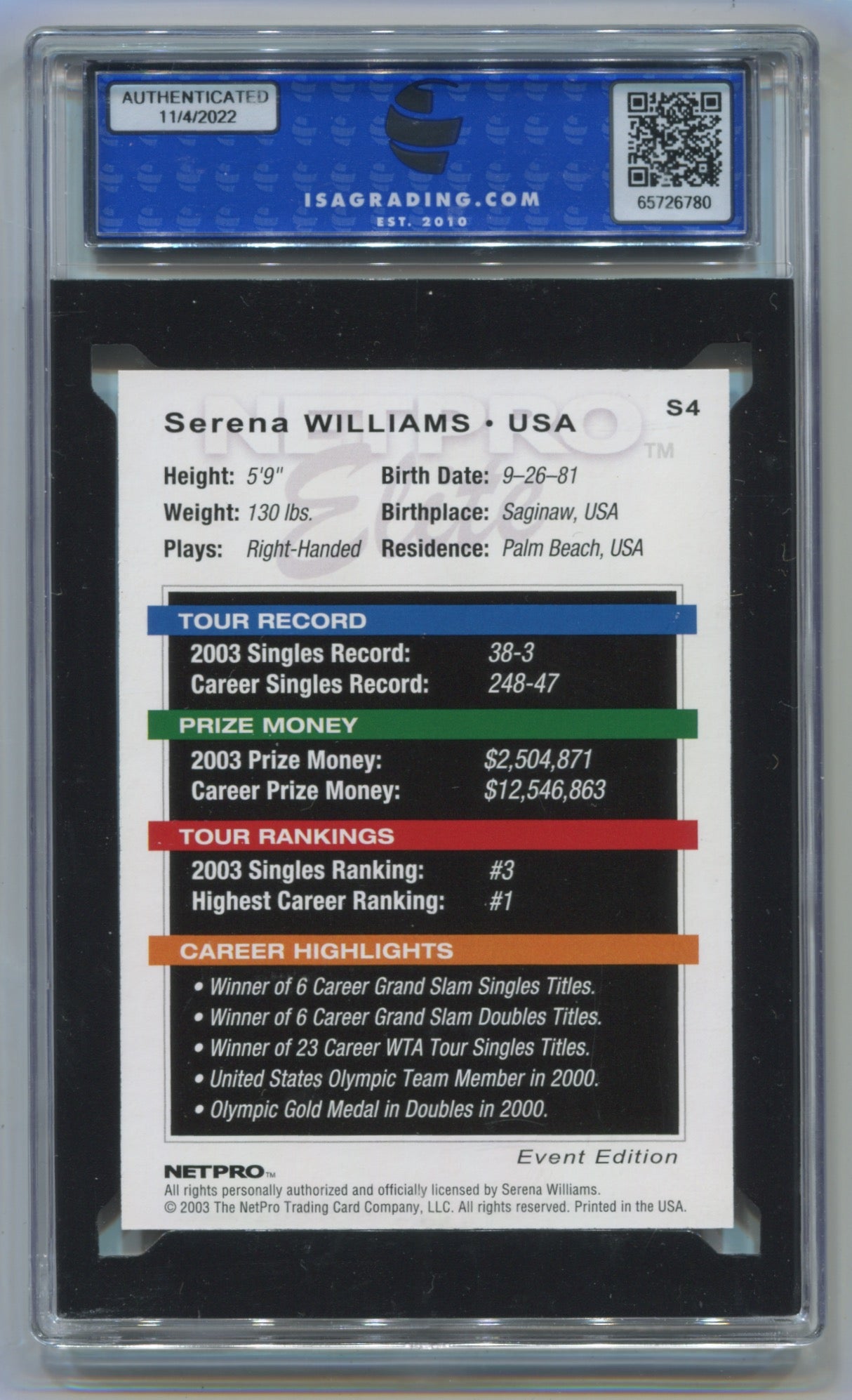 2003 Netpro Elite Event Edition Starter #S4 Serena Williams ISA 10 (Rookie)