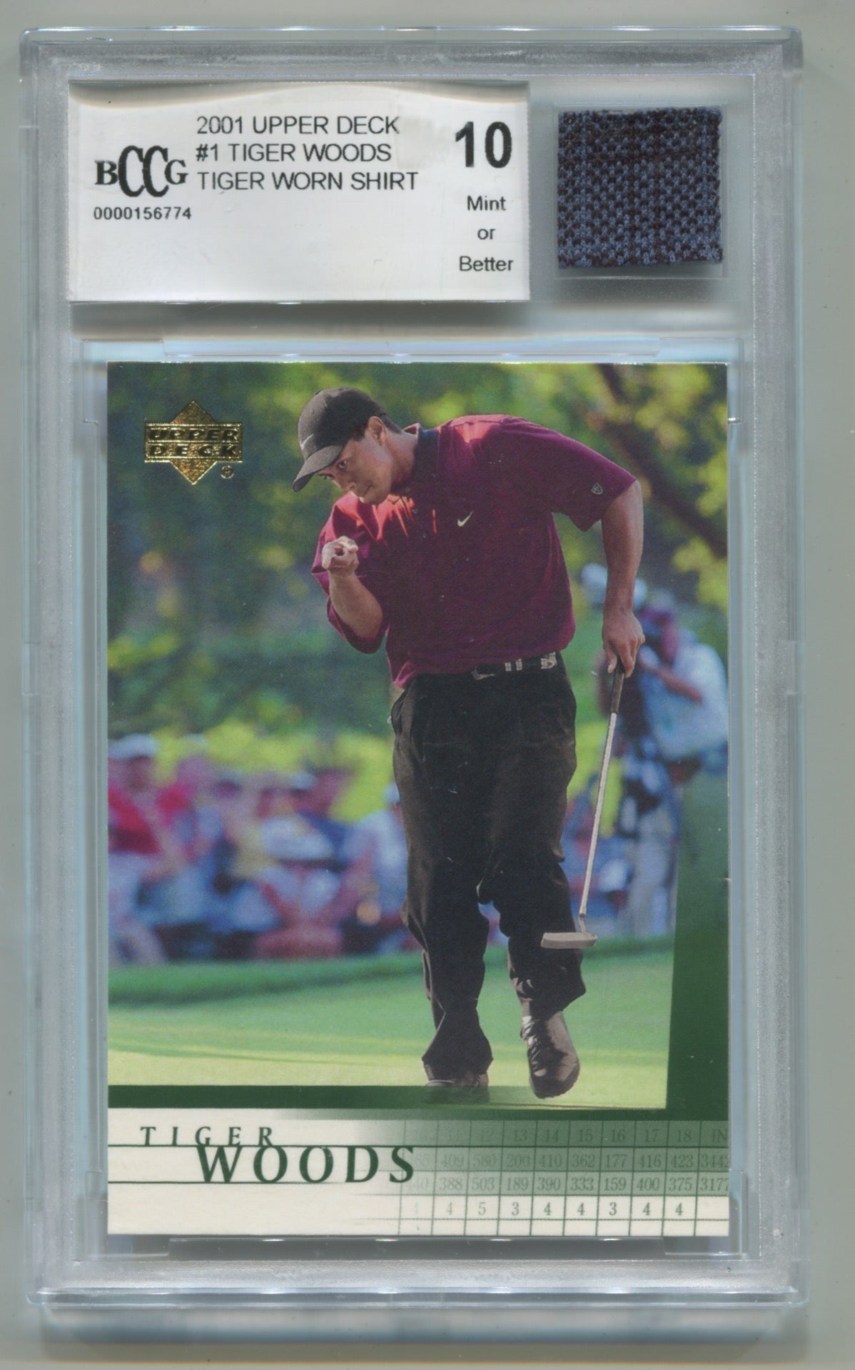 2001 Upper Deck #1 Tiger Woods BCCG 10 with Tiger Worn Shirt (Rookie)