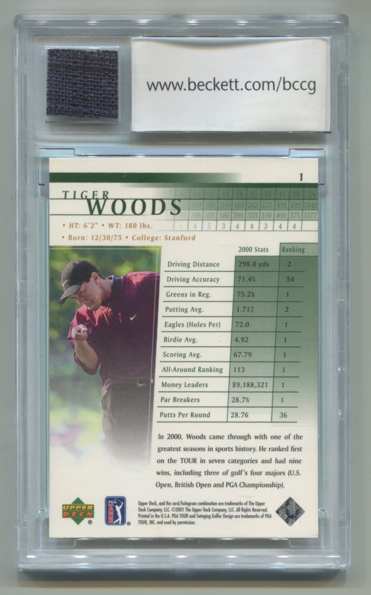 2001 Upper Deck #1 Tiger Woods BCCG 10 with Tiger Worn Shirt (Rookie)