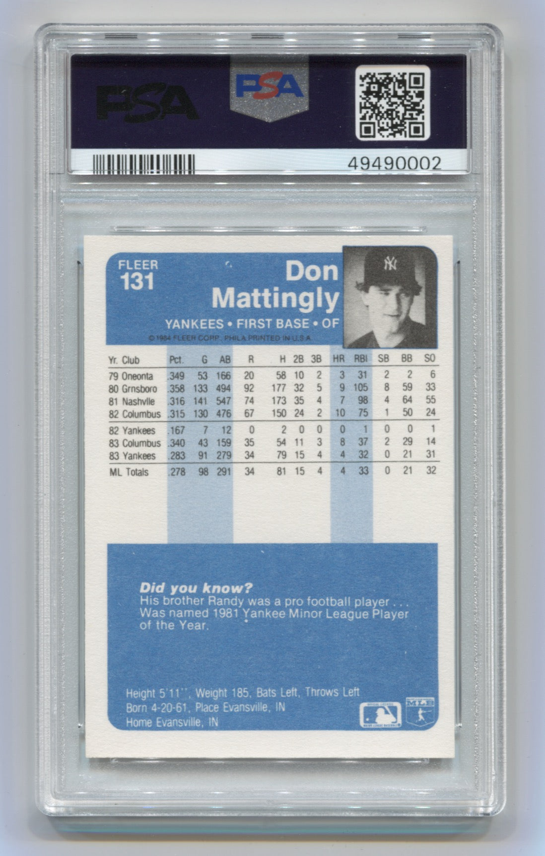 1984 Fleer #131 Don Mattingly PSA 7 (Rookie) | Eastridge Sports Cards