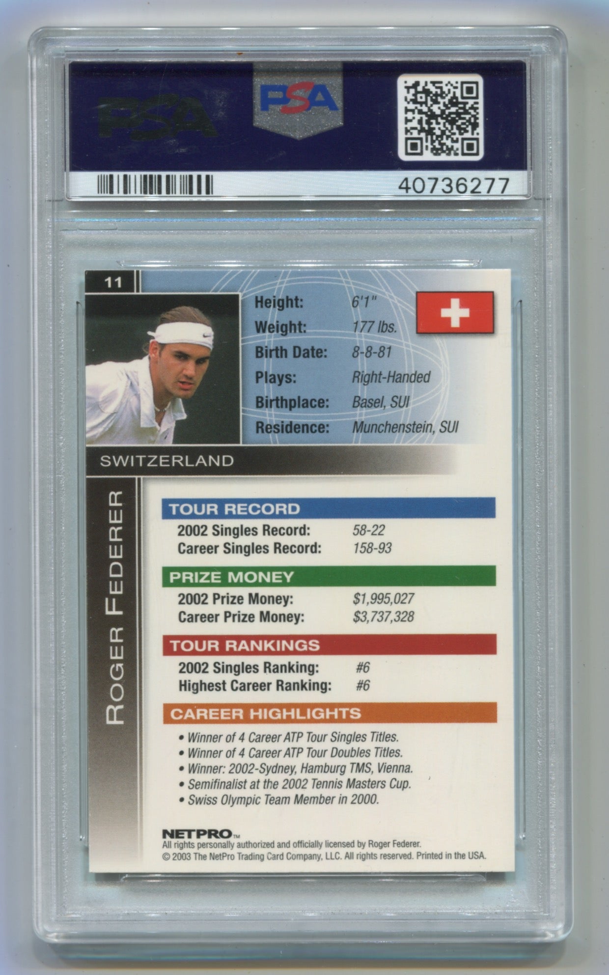 2003 Netpro International Series #11 Roger Federer PSA 9