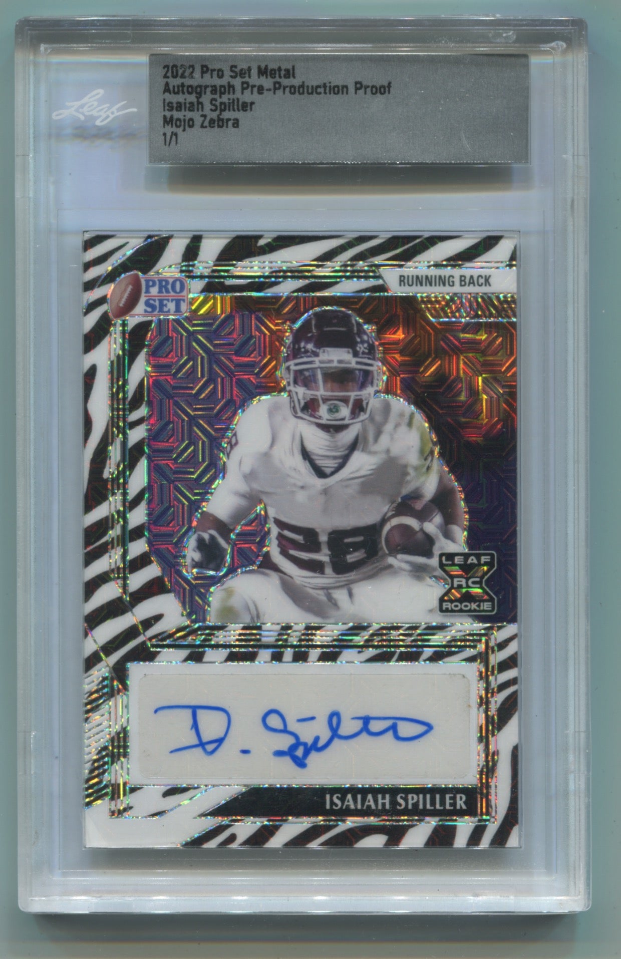 2022 Leaf Pro Set Metal Autographed Pre- Production Proof Mojo Zebra Isaiah Spiller #1/1