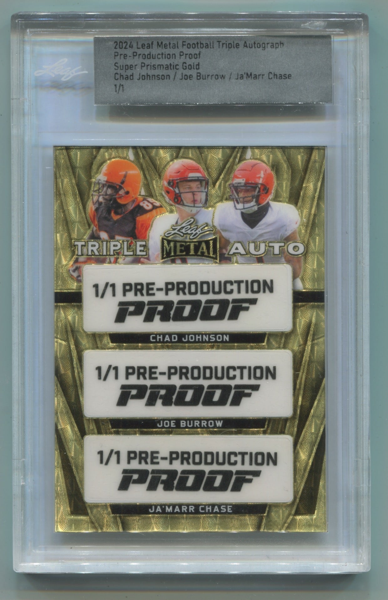 2024 Leaf Metal Pre- Production Proof Super Prismatic Gold Chad Johnson/Joe Burrow.Ja'Marr Chase #1/1