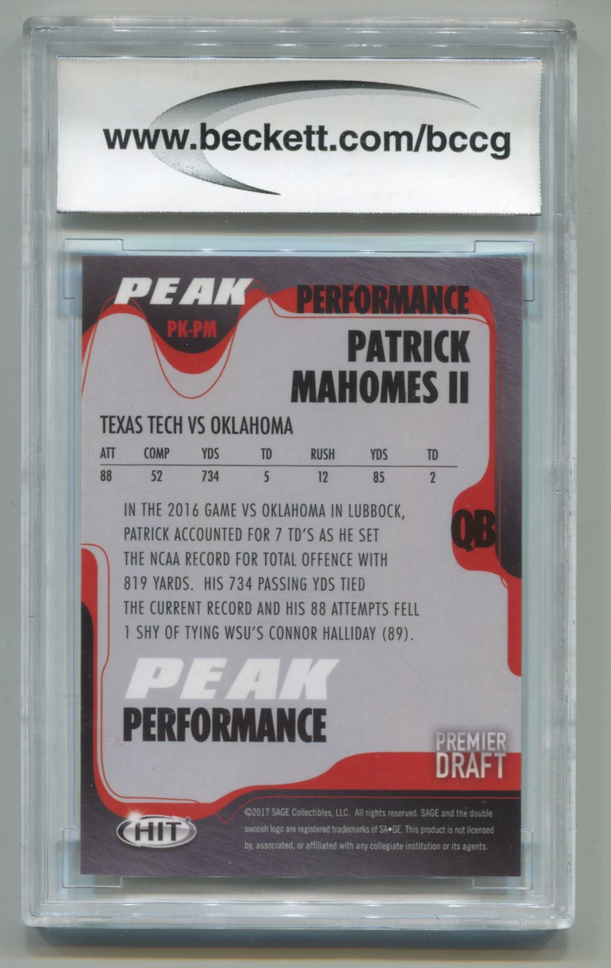 2017 Sage Hit Premier Draft Peak Performance #PKPM Patrick Mahomes BCCG 10 (Rookie)