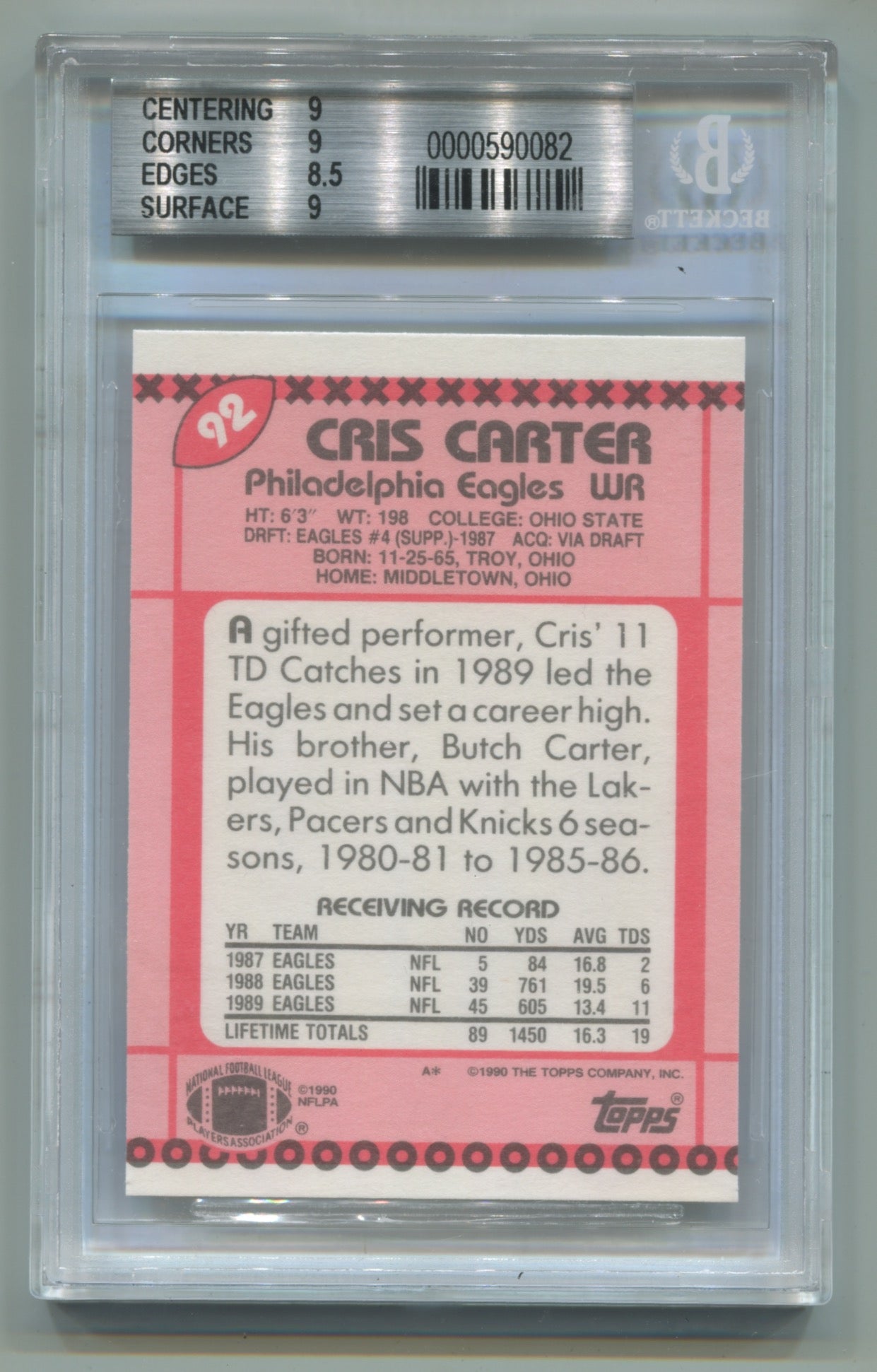 1990 Topps Tiffany #92 Cris Carter BGS 9