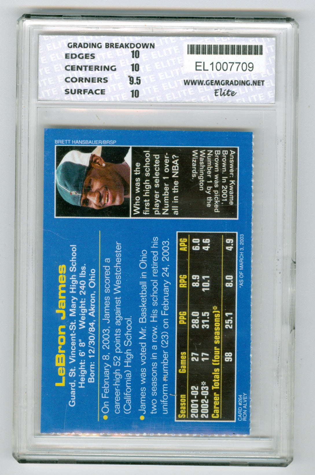 2003 SI for Kids #264 LeBron James GEM 10 (Rookie)