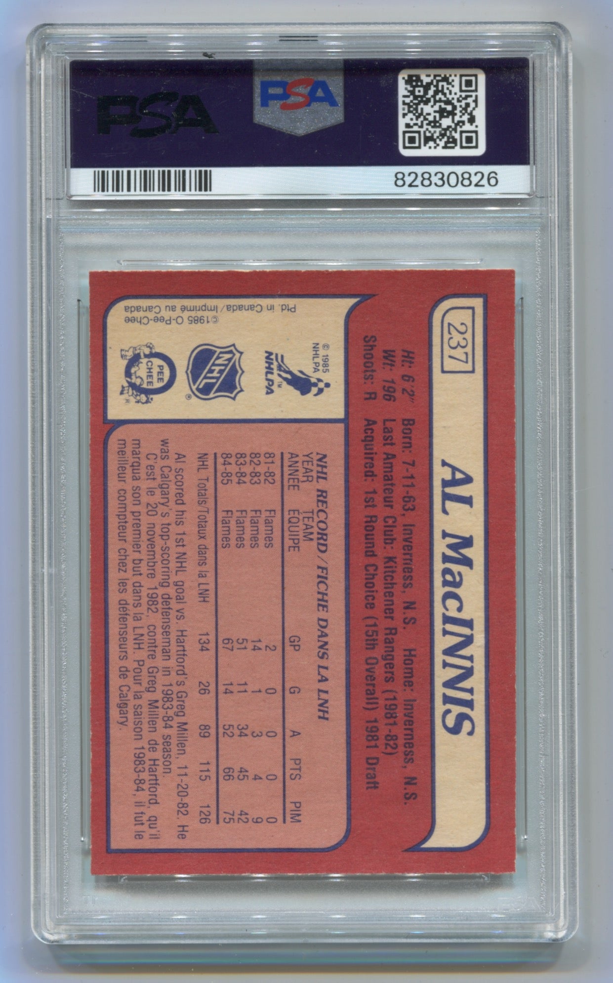 1985-86 O-Pee-Chee #237 Al Macinnis PSA 7 (Rookie)