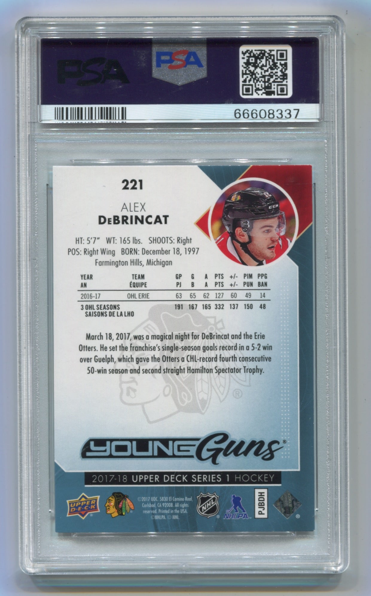 2017-18 Upper Deck #221 Alex DeBrincat PSA 9 (Rookie)