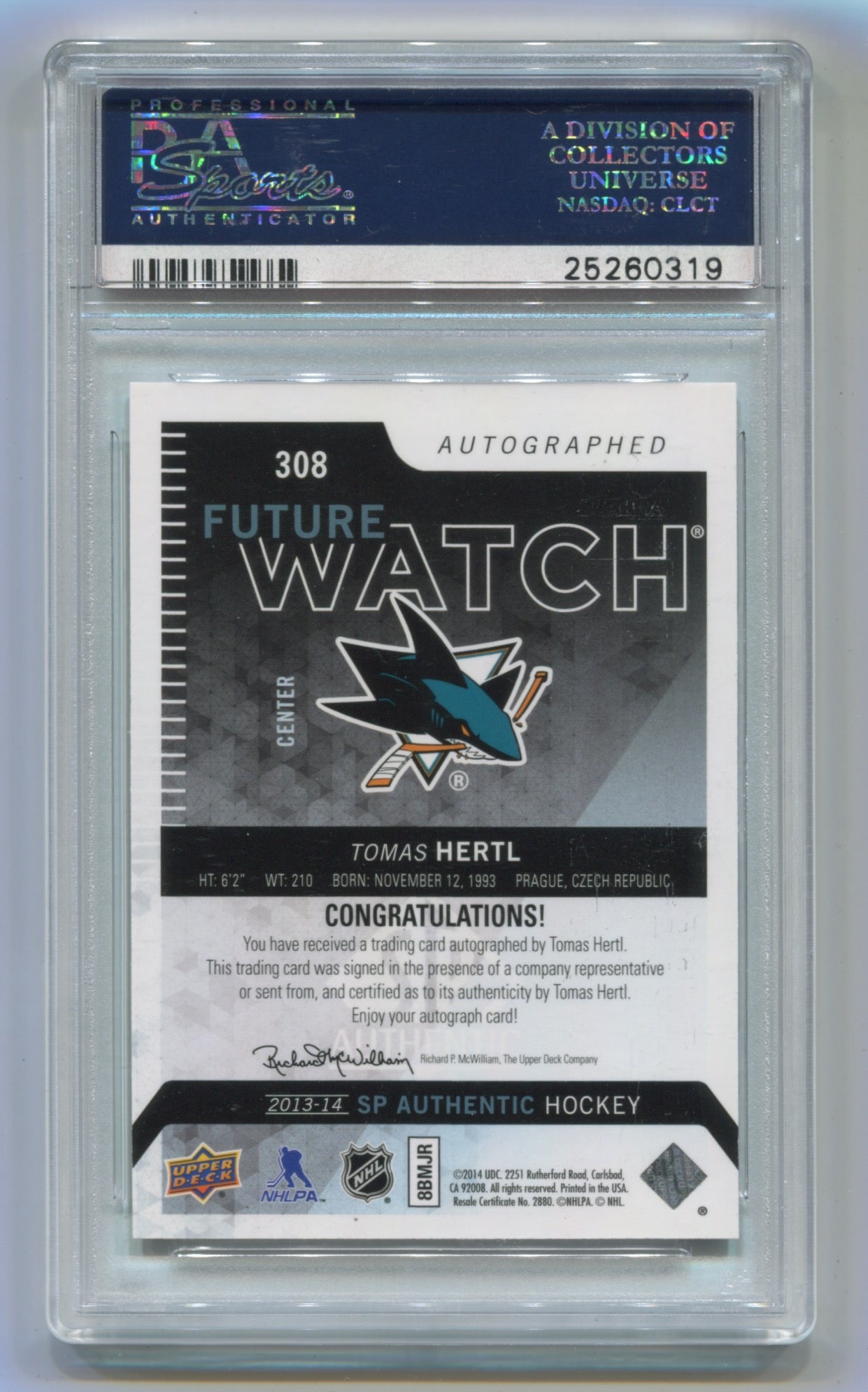 2013-14 SP Authentic #308 Tomas Hertl #913/999 PSA 9 (Rookie)