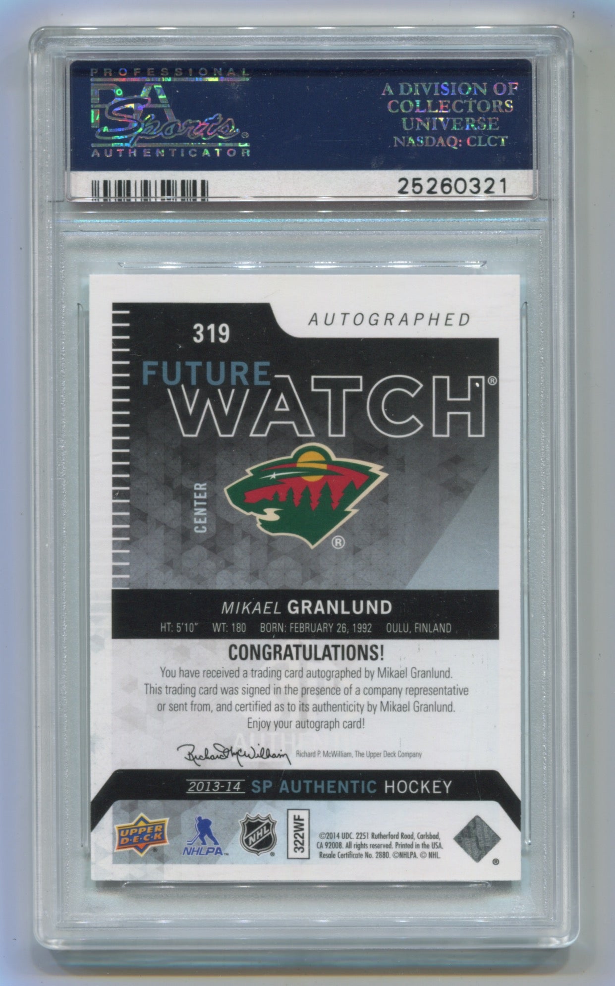 2013-14 SP Authentic #319 Mikael Granlund #992/999 PSA 9 (Rookie)