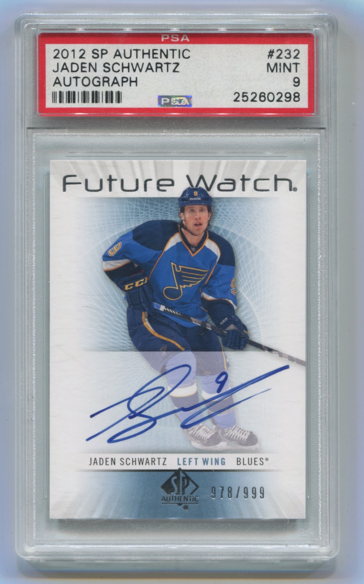 2012-13 SP Authentic #232 Jaden Schwartz #978/999 PSA 9 (Rookie)