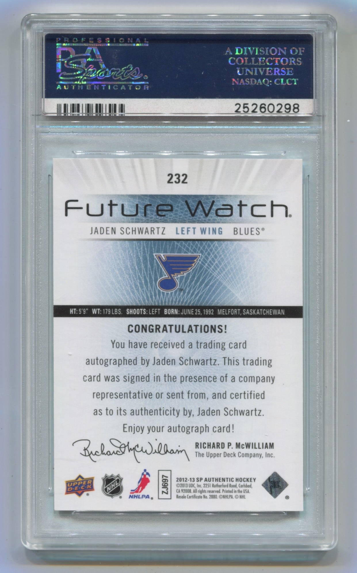 2012-13 SP Authentic #232 Jaden Schwartz #978/999 PSA 9 (Rookie)