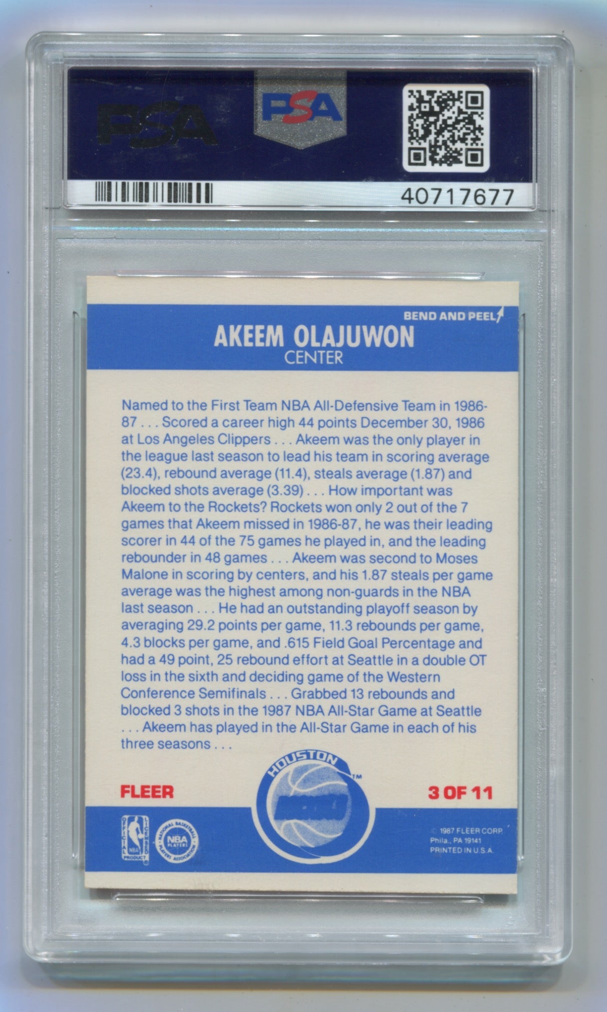 1987-88 Fleer Sticker #3 Akeem Olajuwan PSA 8
