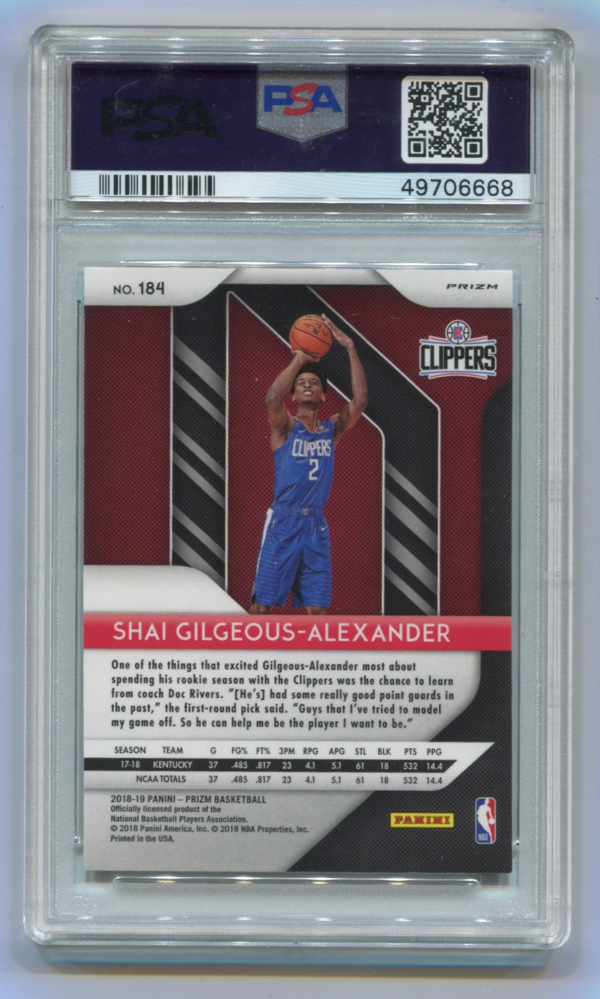 2018-19 Panini Prizm Red/White/Blue Prizm #184 Shai Gilgeous-Alexander PSA 9 (Rookie)