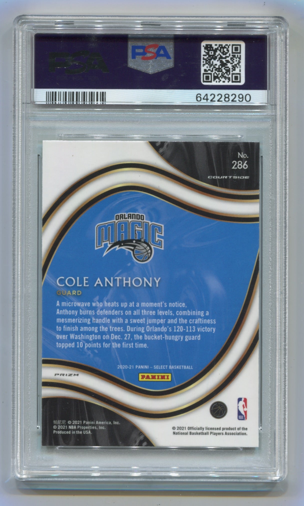 2020-21 Panini Select Gold Wave Prizm #286 Cole Anthony PSA 10 (Rookie)