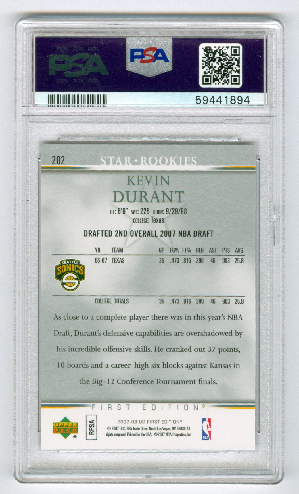 2007-08 UD First Edition #202 Kevin Durant PSA 9 (Rookie)