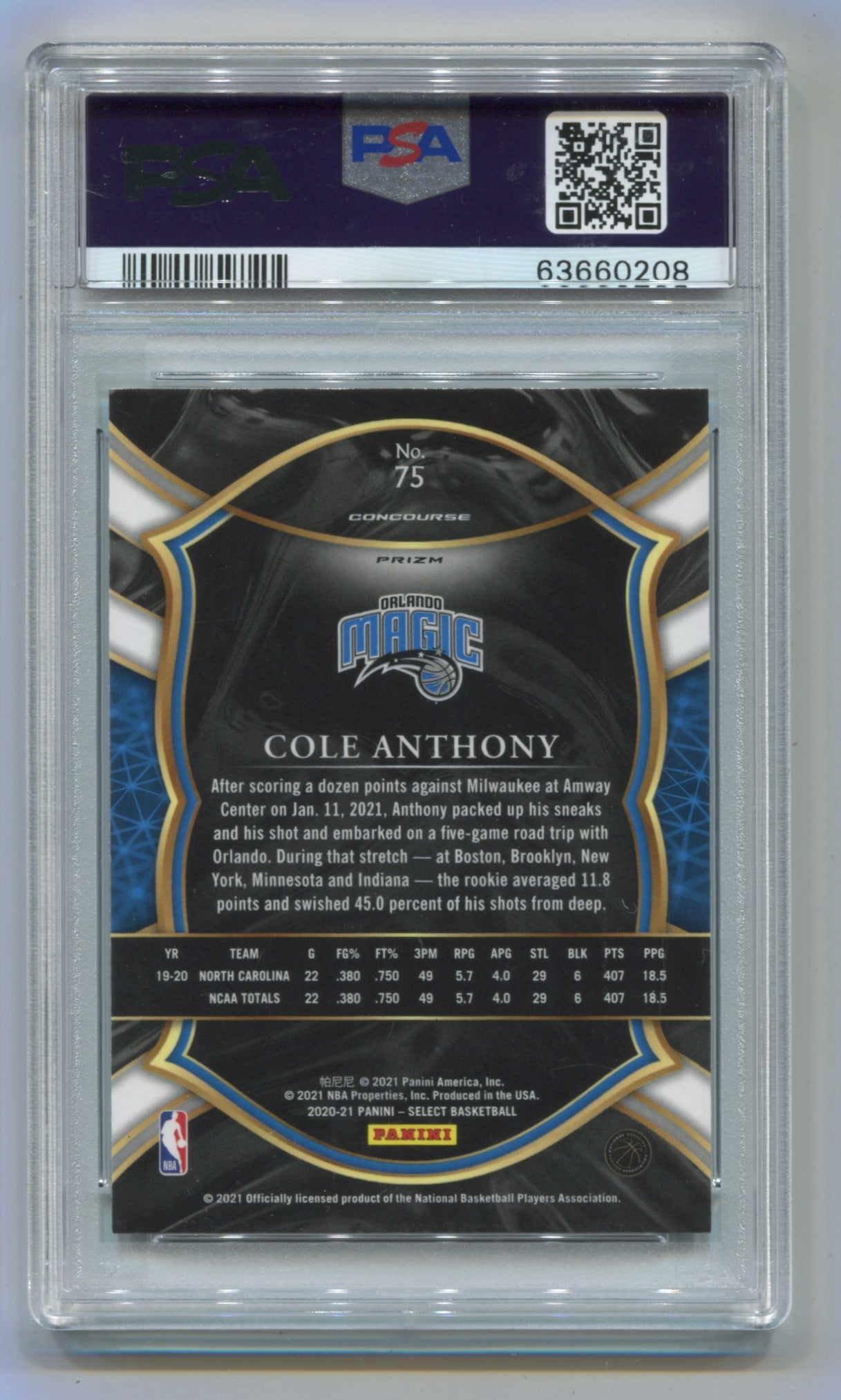 2020-21 Panini Select Elephant Prizm #75 Cole Anthony PSA 10 (Rookie)