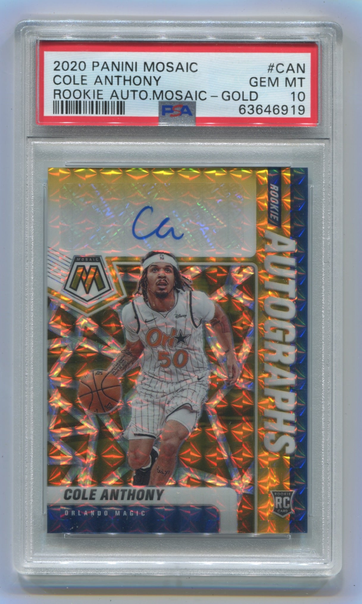 2020-21 Panini Mosaic Rookie Gold Mosaic Autographs #CAN Cole Anthony #03/10 PSA 10 (Rookie)