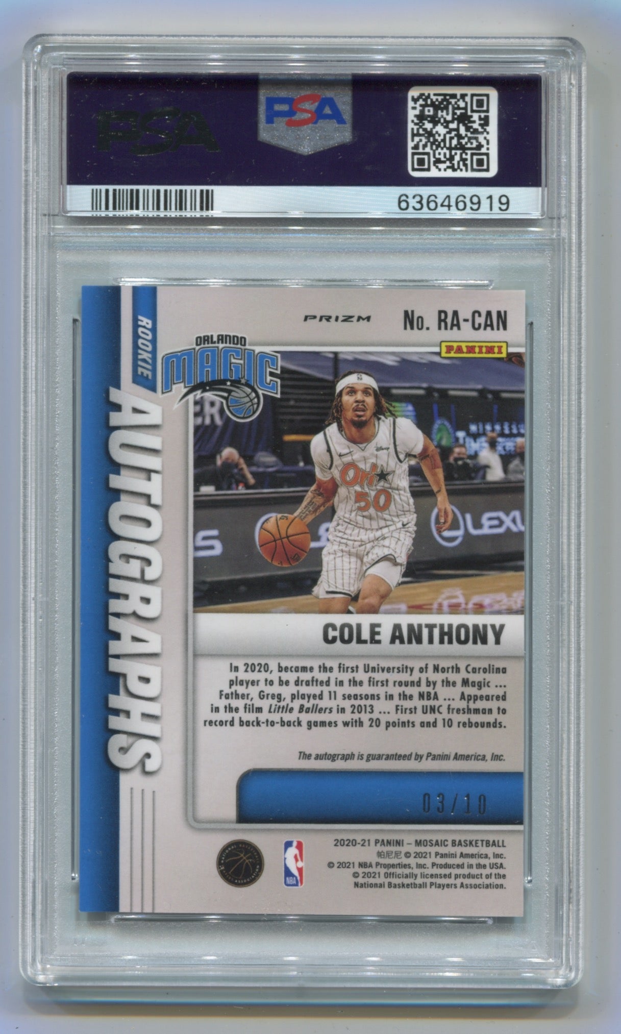 2020-21 Panini Mosaic Rookie Gold Mosaic Autographs #CAN Cole Anthony #03/10 PSA 10 (Rookie)