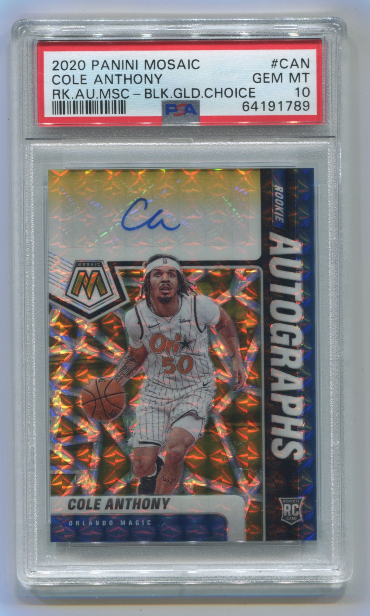 2020-21 Panini Mosaic Rookie Black Gold Choice Mosaic Autographs #CAN Cole Anthony #6/8 PSA 10 (Rookie)