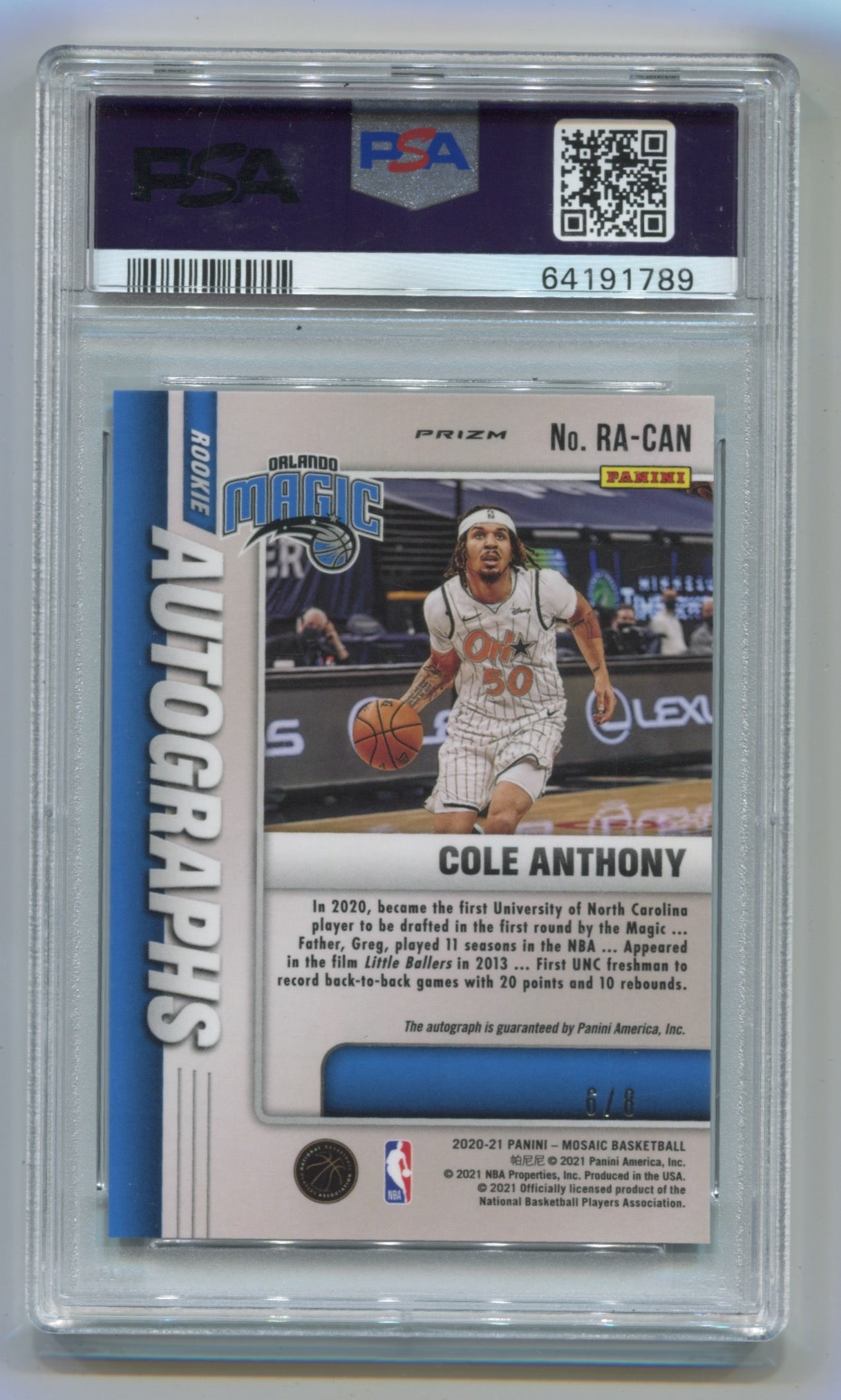2020-21 Panini Mosaic Rookie Black Gold Choice Mosaic Autographs #CAN Cole Anthony #6/8 PSA 10 (Rookie)