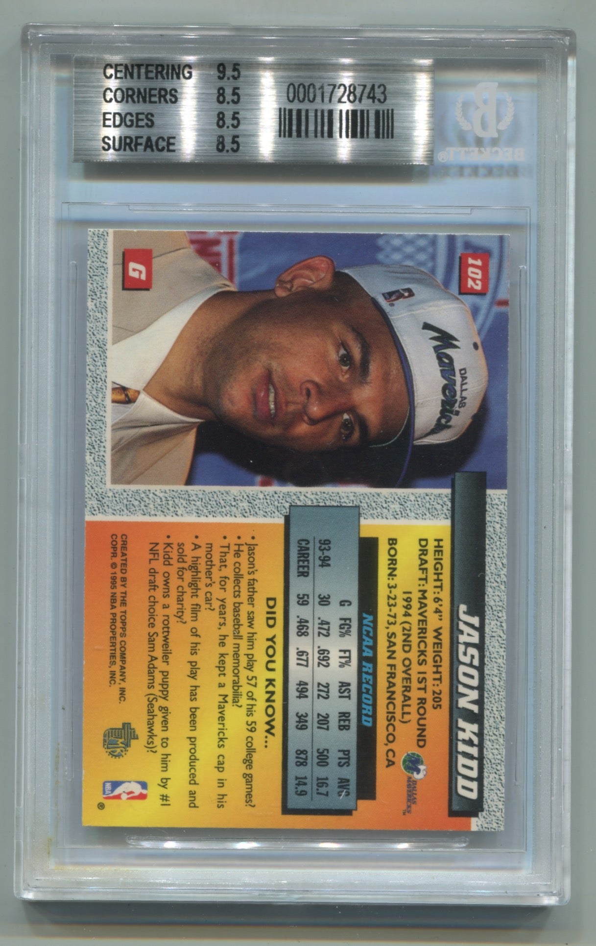 1994-95 Topps Embossed #102 Jason Kidd BGS 8.5 (Rookie)