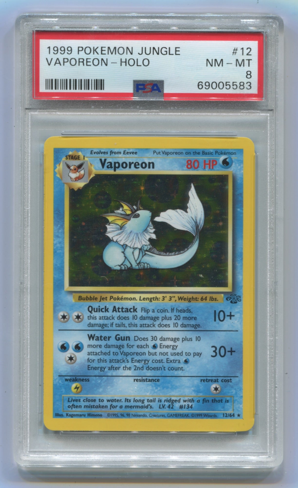 1999 Pokemon Jungle Unlimited #12 Vaporeon - Holo PSA 8