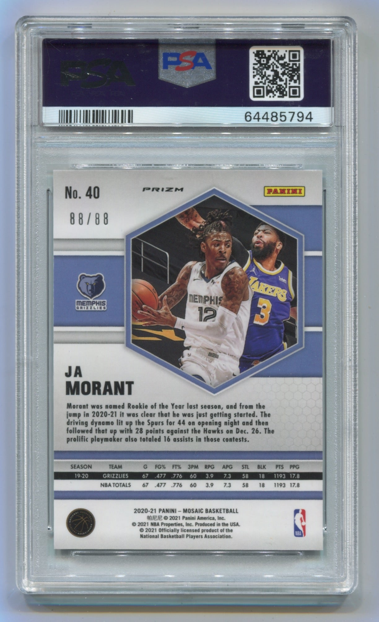 2020-21 Panini Mosaic Choice Red/Yellow Fusion #40 Ja Morant #88/88 PSA 10