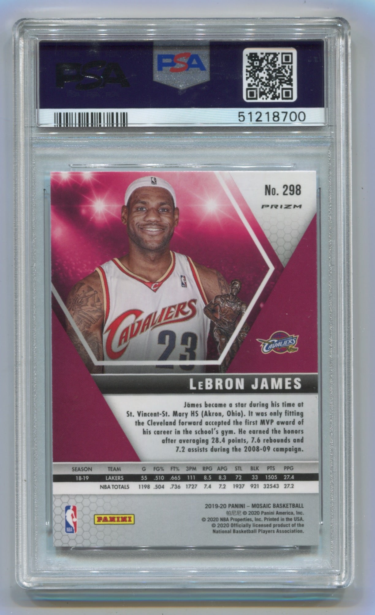 2019-20 Panini Mosaic Pink Camo #298 LeBron James PSA 10