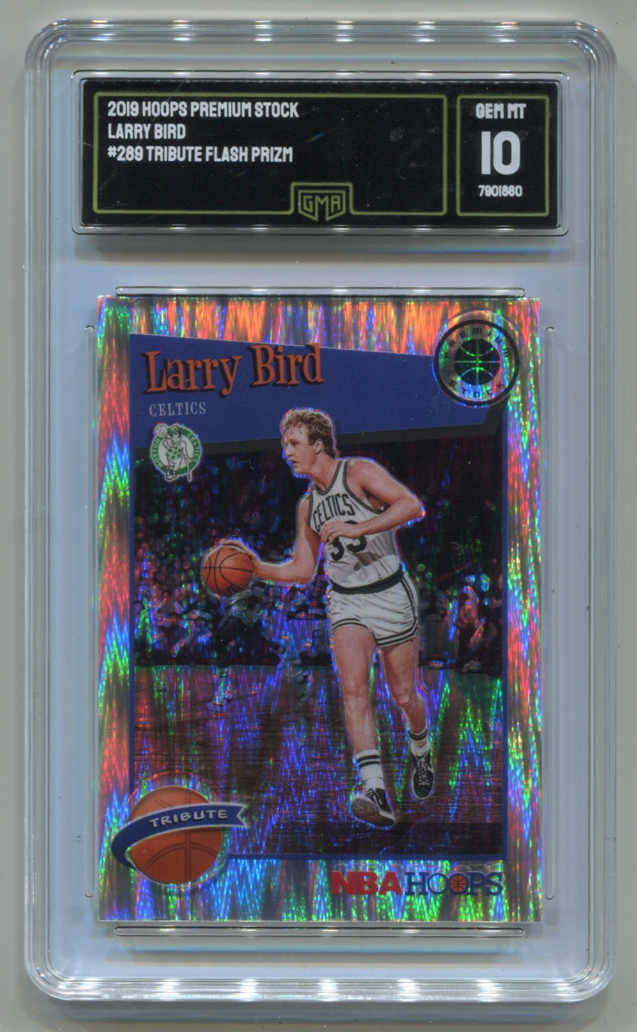 2019-20 Panini Hoops Premium Stock Tribute Flash Prizm #289 Larry Bird GMA 10
