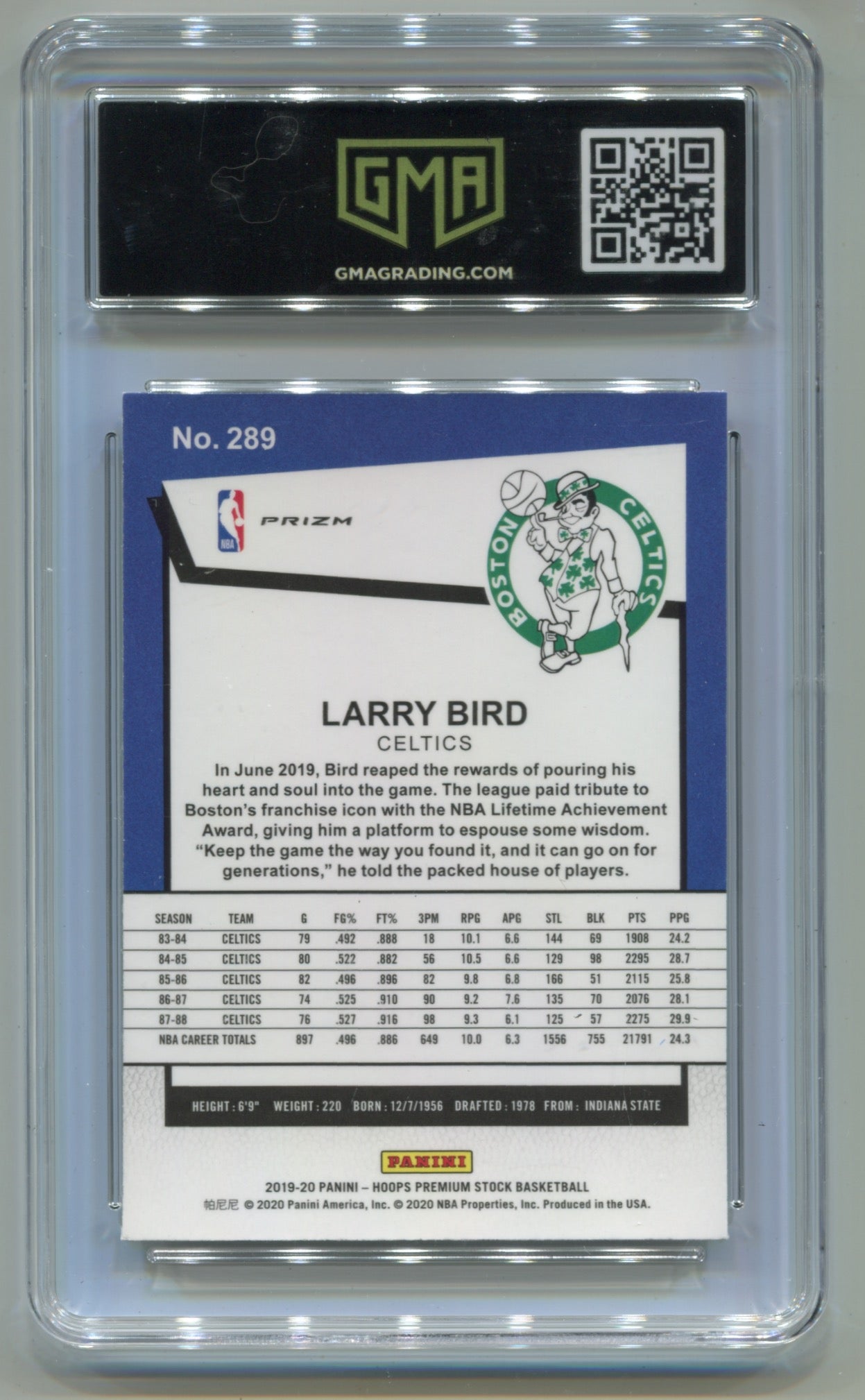 2019-20 Panini Hoops Premium Stock Tribute Flash Prizm #289 Larry Bird GMA 10