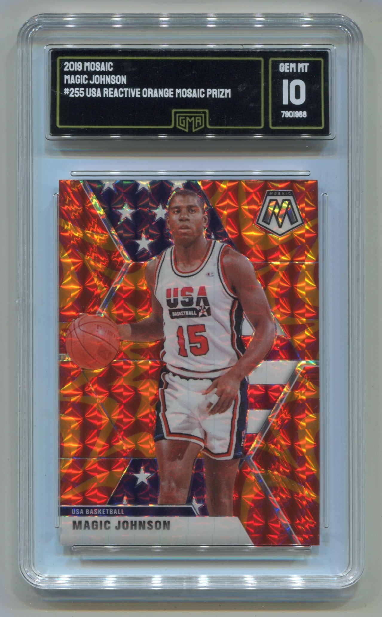2019-20 Panini Mosaic Reactive Orange #255 Magic Johnson GMA 10