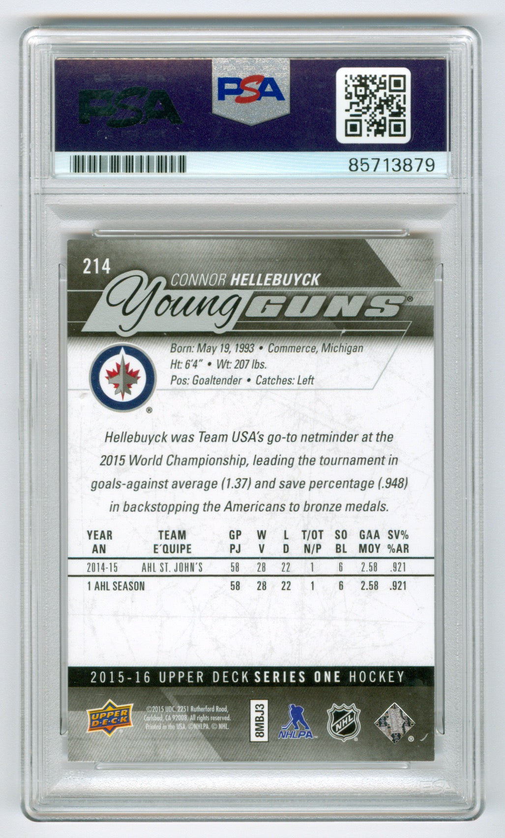 2015-16 Upper Deck #214 Connor Hellebuyck Signed Trading Card PSA/DNA Authentic