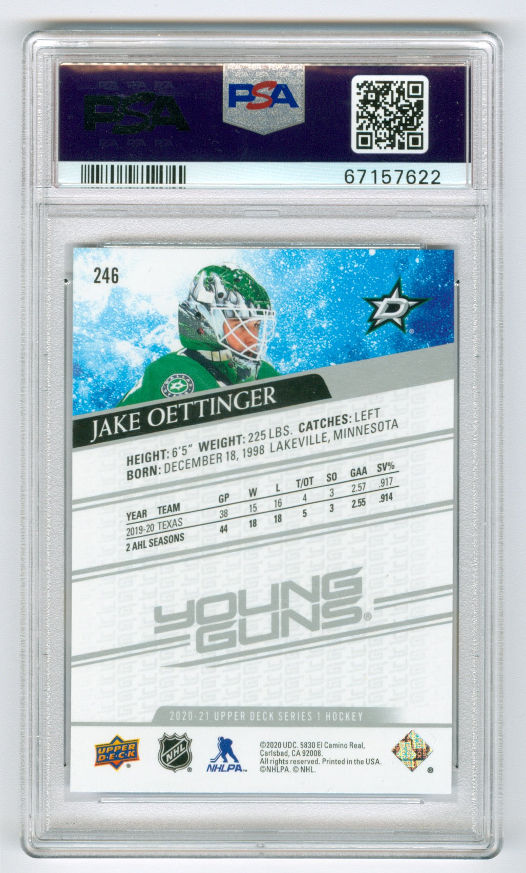 2020-21 Upper Deck #246 Jake Oettinger PSA 10 (Rookie)