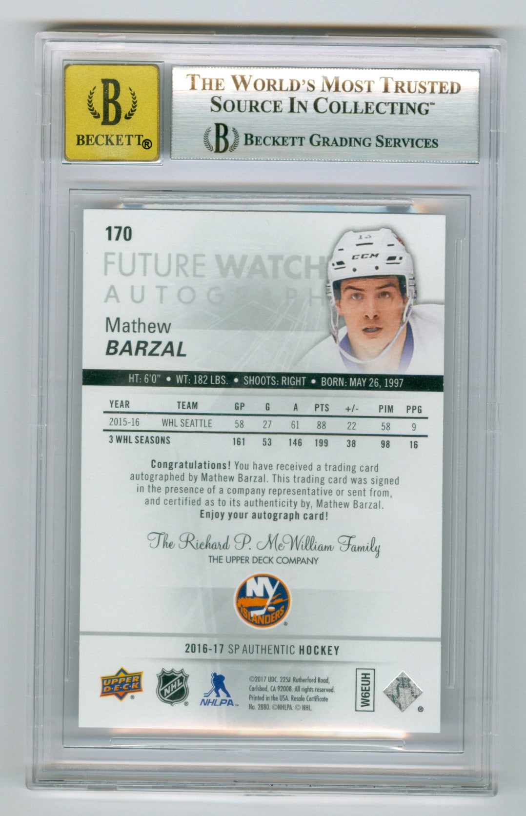 2016-17 SP Authentic #170 Matthew Barzal #304/999 BGS 9 (Auto 10) (Rookie)