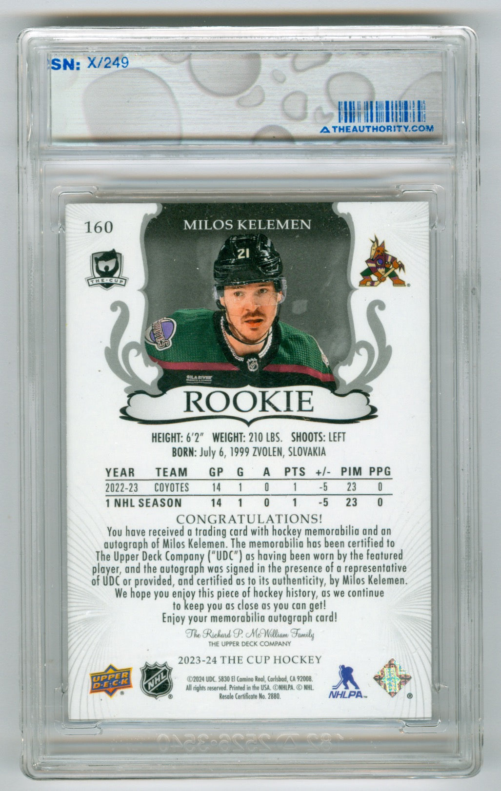 2023-24 Upper Deck The Cup #160 Milos Kelemen #080/249 (Rookie)