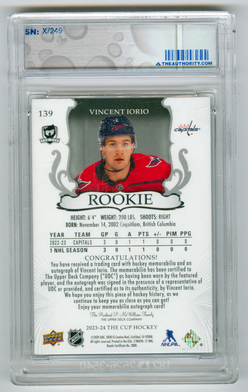 2023-24 Upper Deck The Cup #139 Vincent Iorio #221/249 (Rookie)
