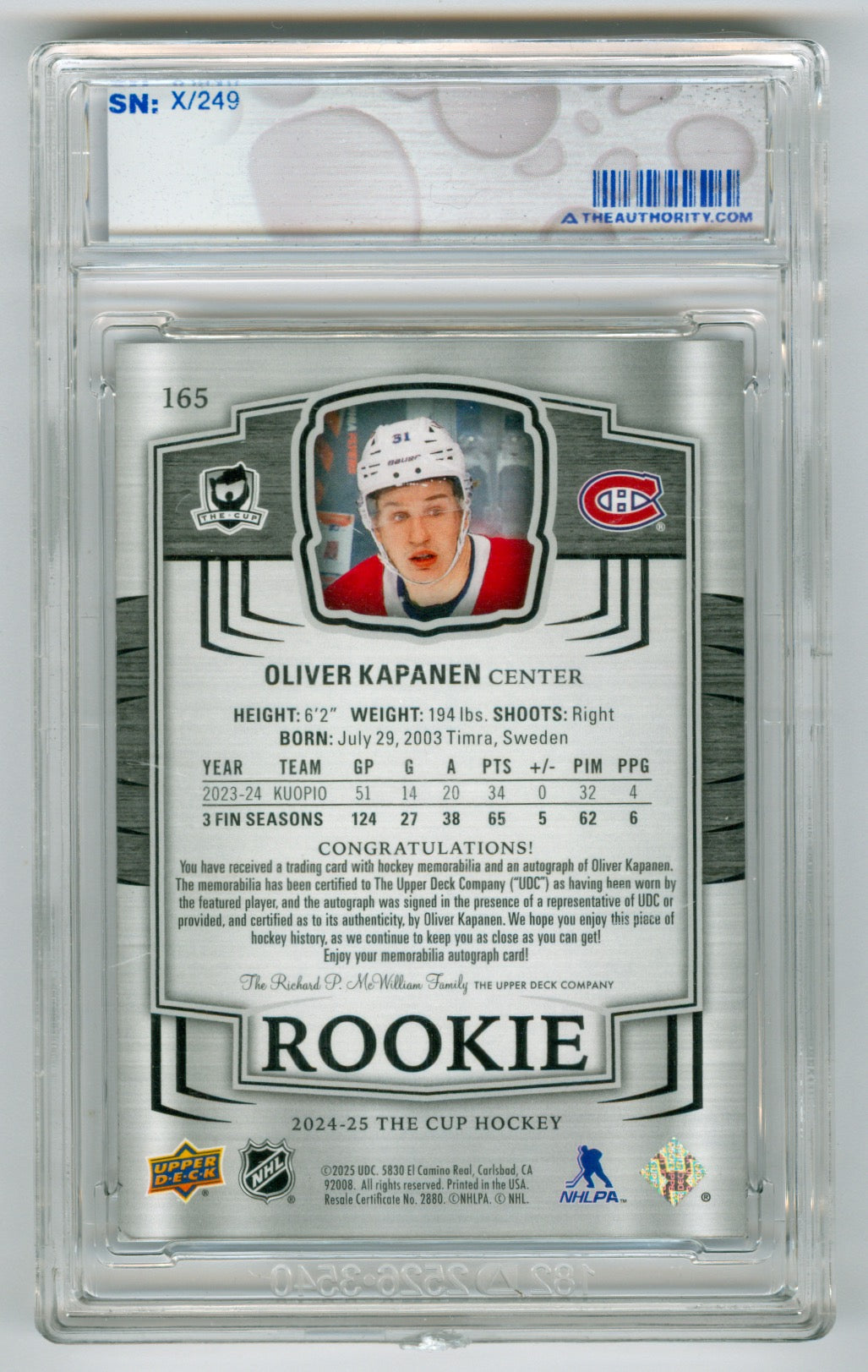 2024-25 Upper Deck The Cup #165 Oliver Kapanen #015/249 (Rookie)