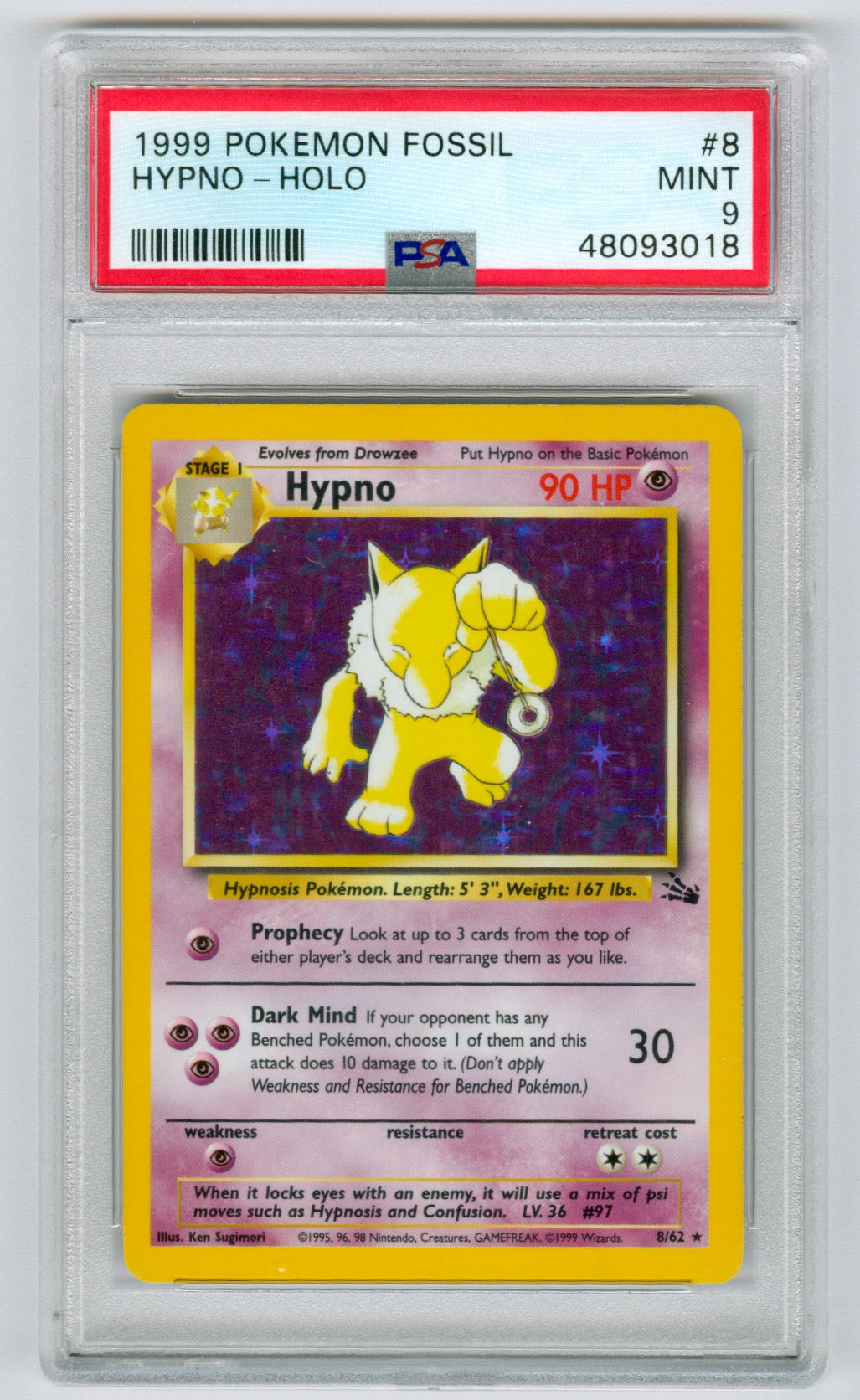 1999 Pokemon Fossil Unlimited #8 Hypno- Holo PSA 9