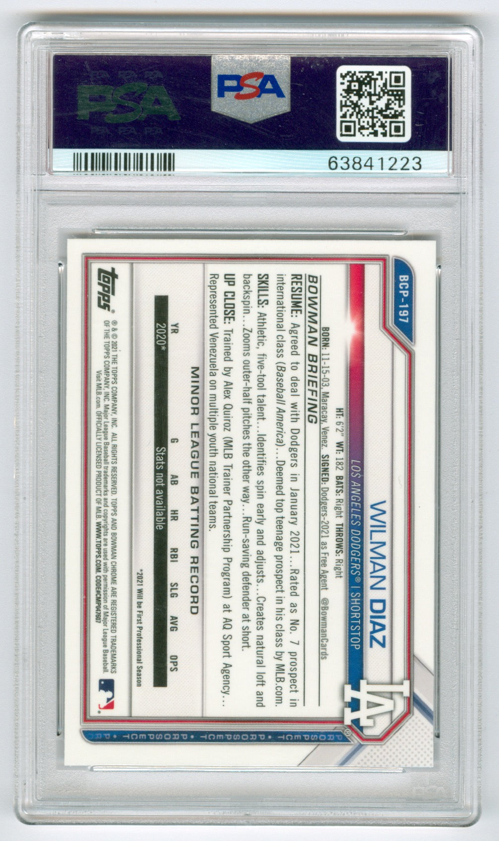 2021 Bowman Chrome Prospects Black & White Mini Diamond Refractor #BCP197 Wilman Diaz PSA 10 | Eastridge Sports Cards
