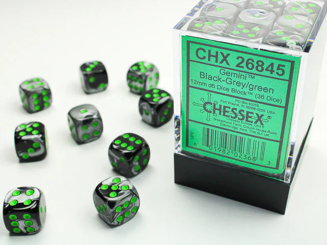 Chessex Dice - Gemini Black-Grey/Green 12mm d6 Dice Block (36 dice) CHX 26845